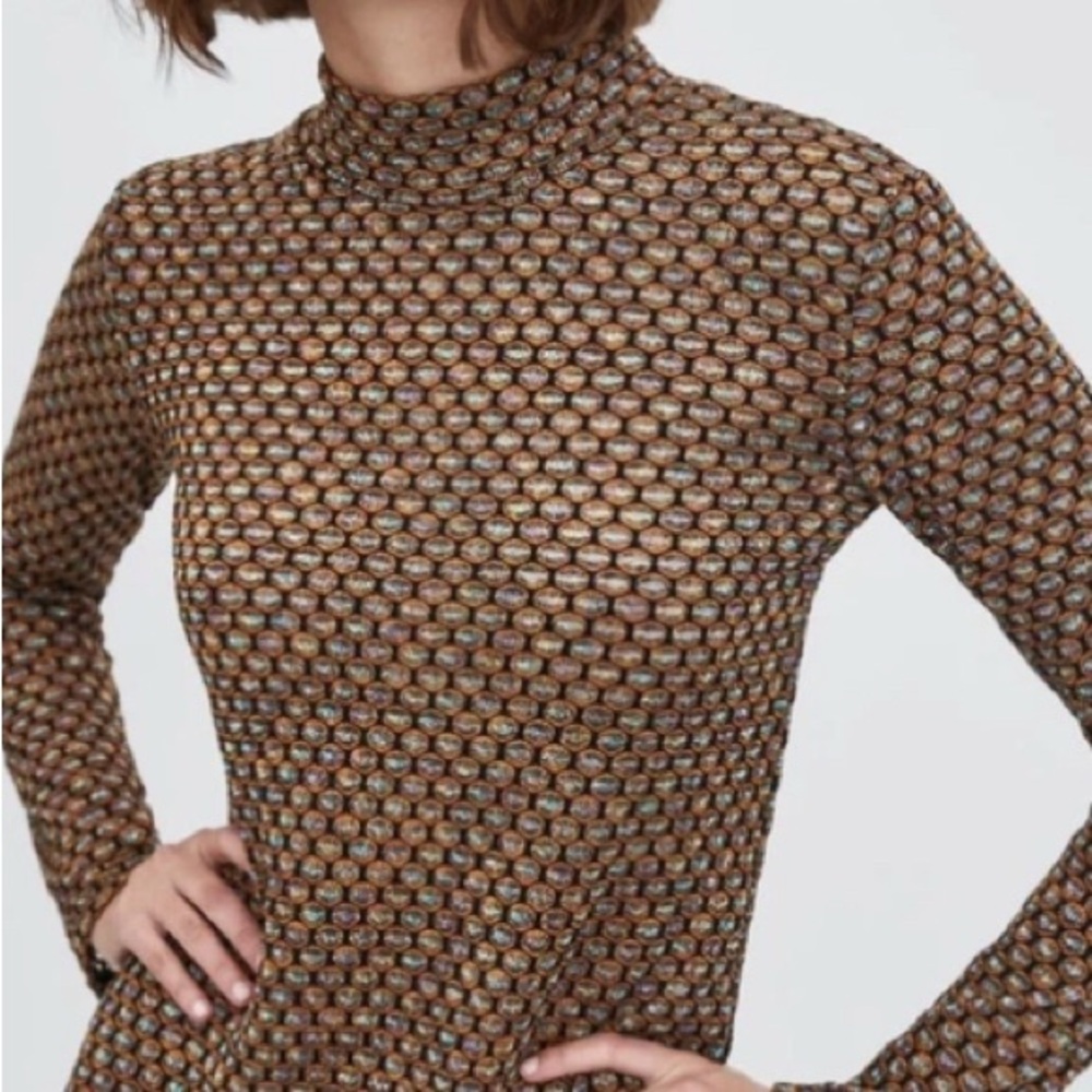 Zara Shimmery Mock Neck Long Fitted Midi Dress, Sz M